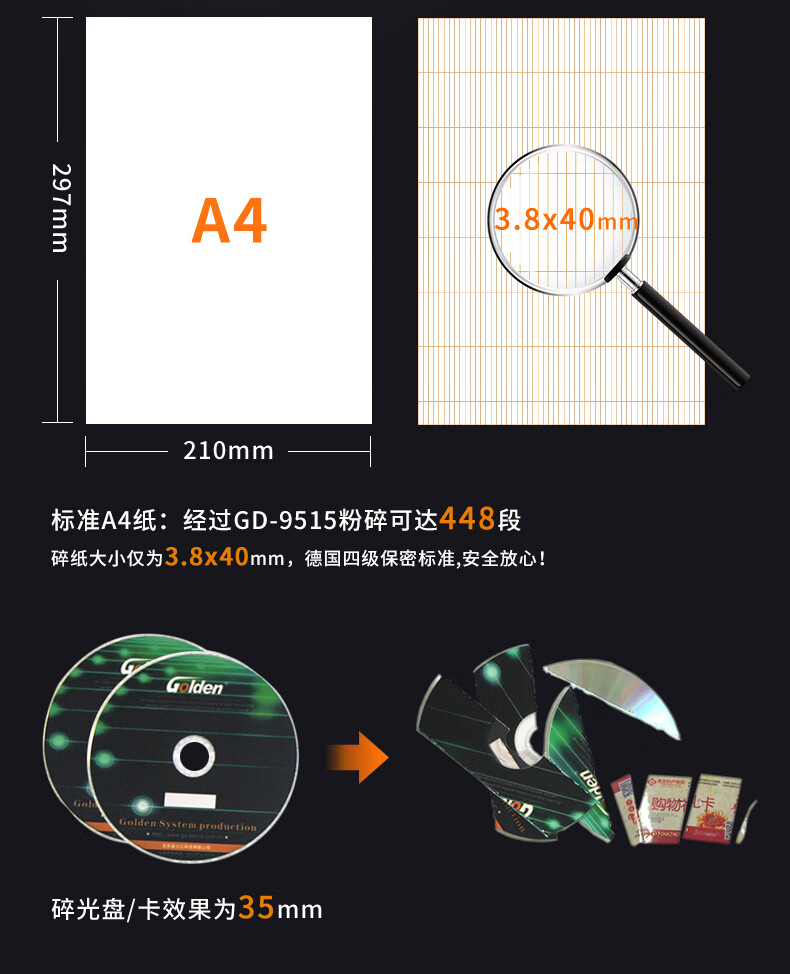 金典(GOLDEN)碎纸机办公电动碎纸机段状大功率碎纸机GD-9515