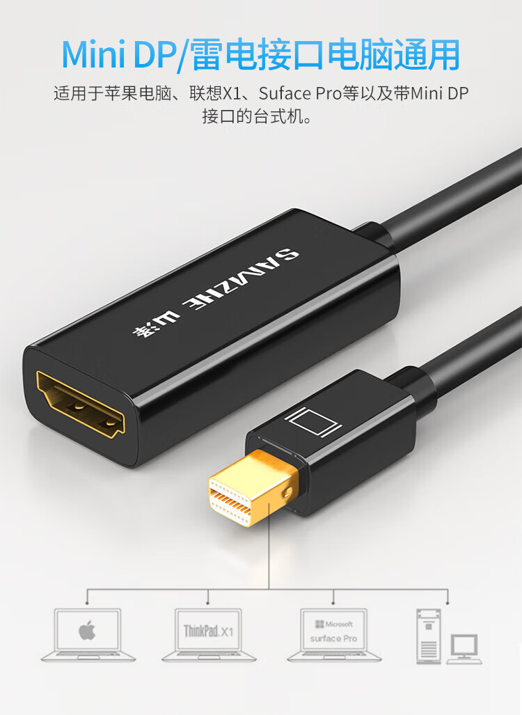 山泽(SAMZHE)? Mini DP转HDMI线转换器 高清雷电接口转接头 适用苹果微软笔记本电脑接显示器投影仪  MH01
