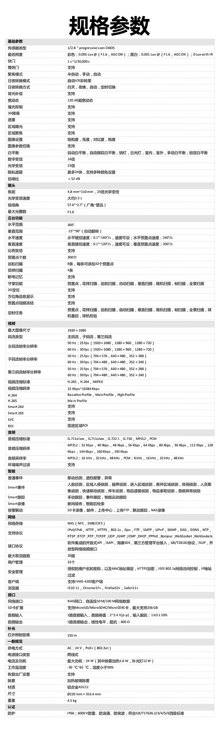 海康威视监控器摄像头poe室外防水200万高清星光红外夜视网络球机DS-2DC7223IW-AE