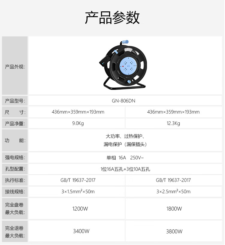 公牛（BULL）线缆卷盘/移动拖线盘/电缆卷线盘/工程专用/超功率过热保护16A4位50米线盘2.5mm?GN-806DN蓝黑