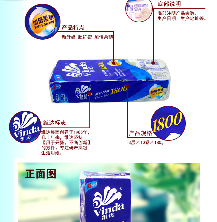 维达蓝色经典无心卷纸 4层厕纸 180g*20卷 V4028