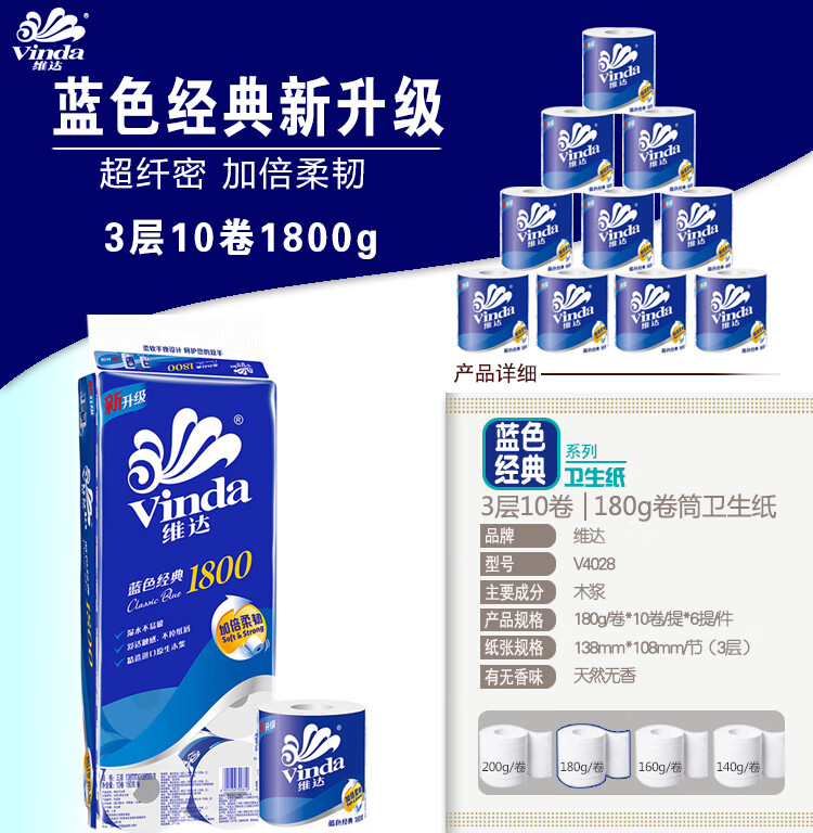 维达蓝色经典无心卷纸 4层厕纸 180g*20卷 V4028