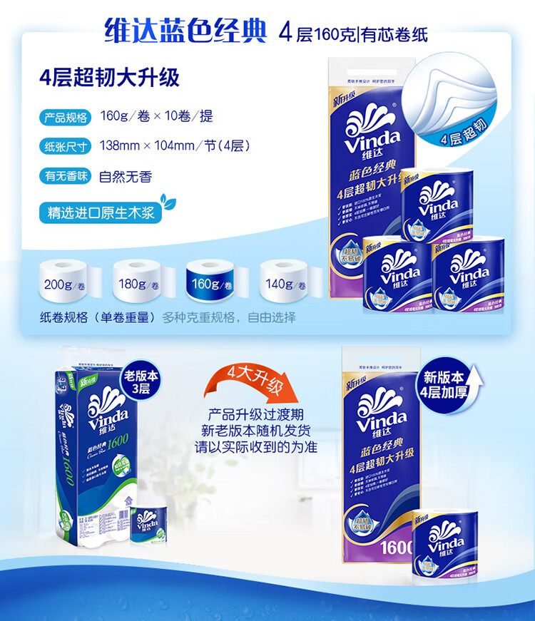 维达卷纸 蓝色经典手纸厕纸 4层160克*20卷 V4068