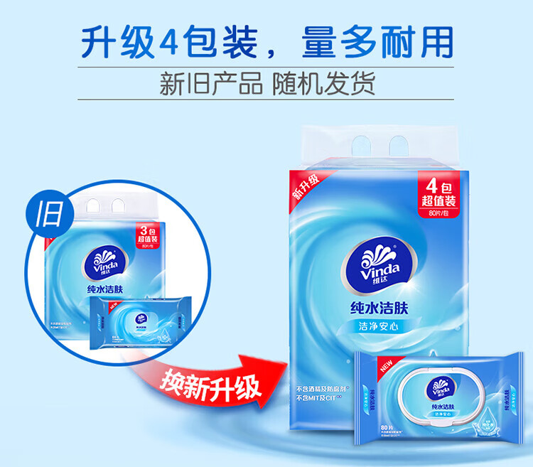 维达纯水洁肤湿纸巾 家用无香湿巾 80片*3包 VW1027