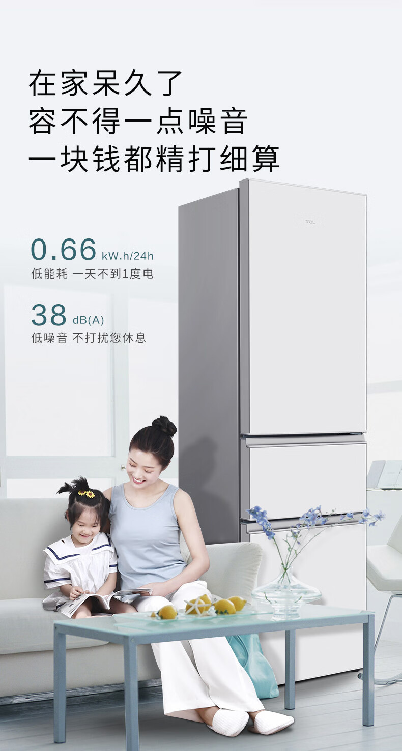 TCL 215升 一体成型U型箱体 环保内胆 三门养鲜冰箱BCD-215TC闪白银