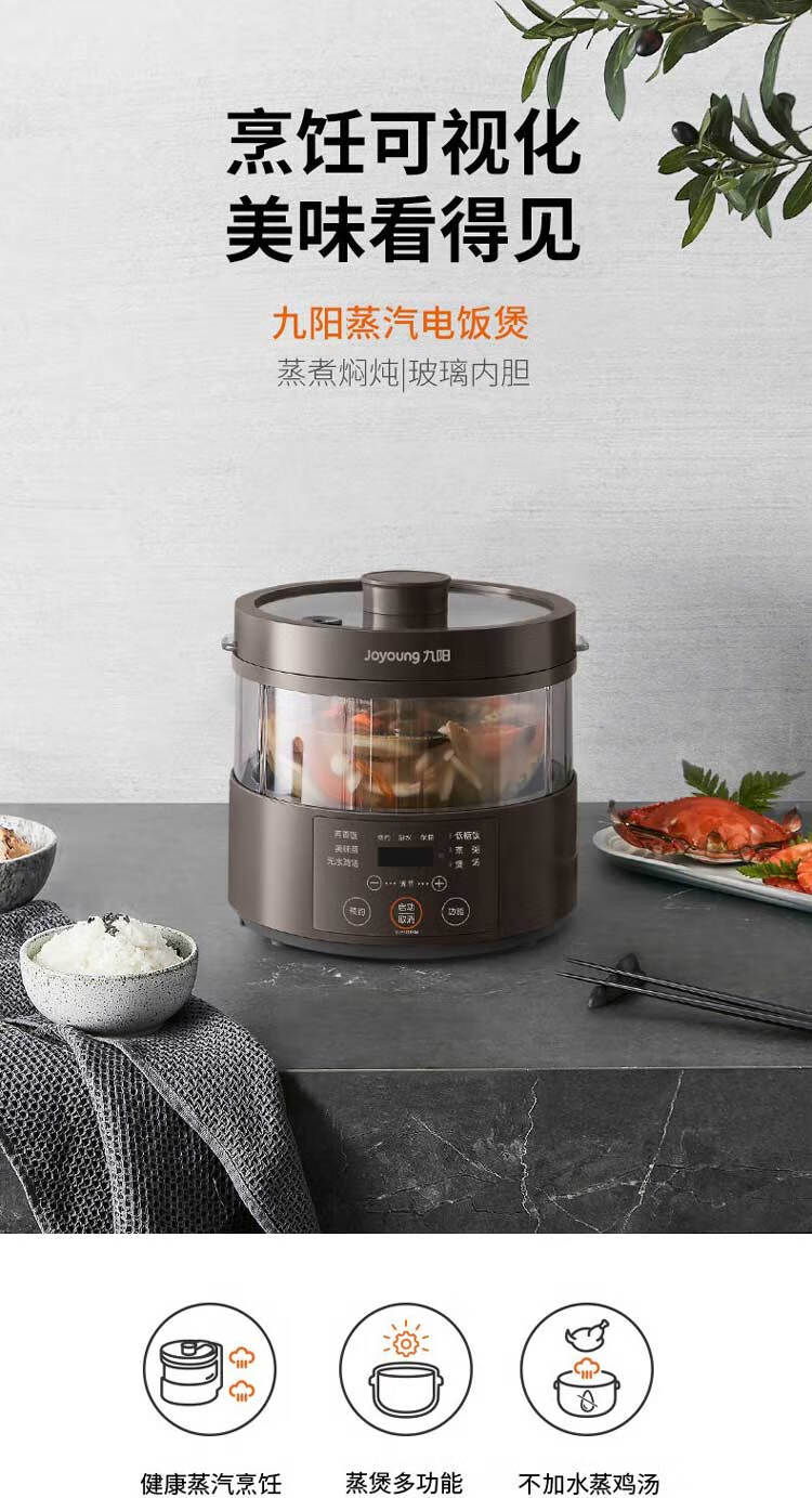 九阳（Joyoung）电饭煲多功能蒸汽玻璃内胆3L家用煮饭炖汤蒸菜F30S-S360