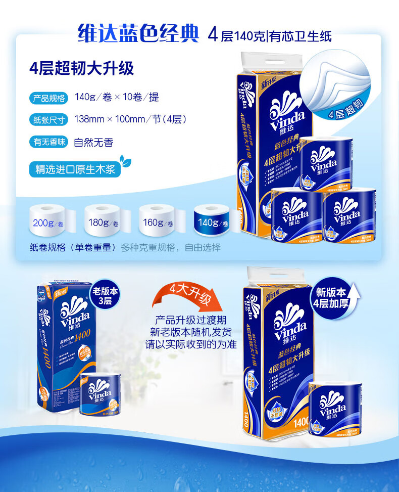 维达（Vinda）卷纸 蓝色经典手纸厕纸 4层140克*20卷 V4069