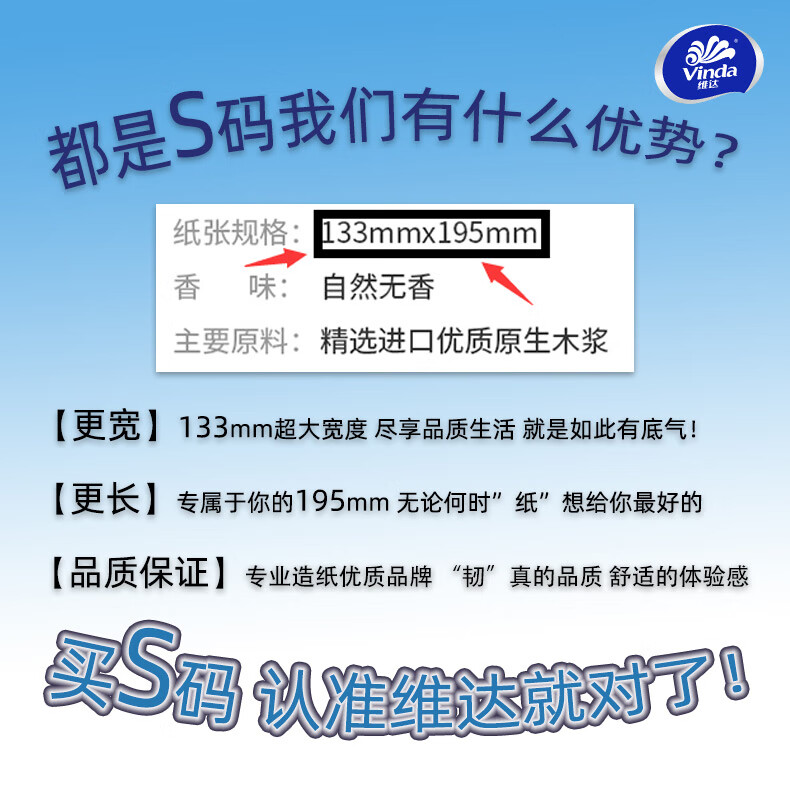 维达（Vinda）3层150抽超韧抽纸 无香餐巾纸 面巾纸 S码 3包/提 16提装 V2219