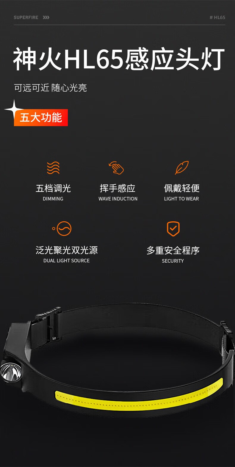 Superfire神火头灯强光充电超亮头戴式挥手感应夜钓赶海登山工作HL65