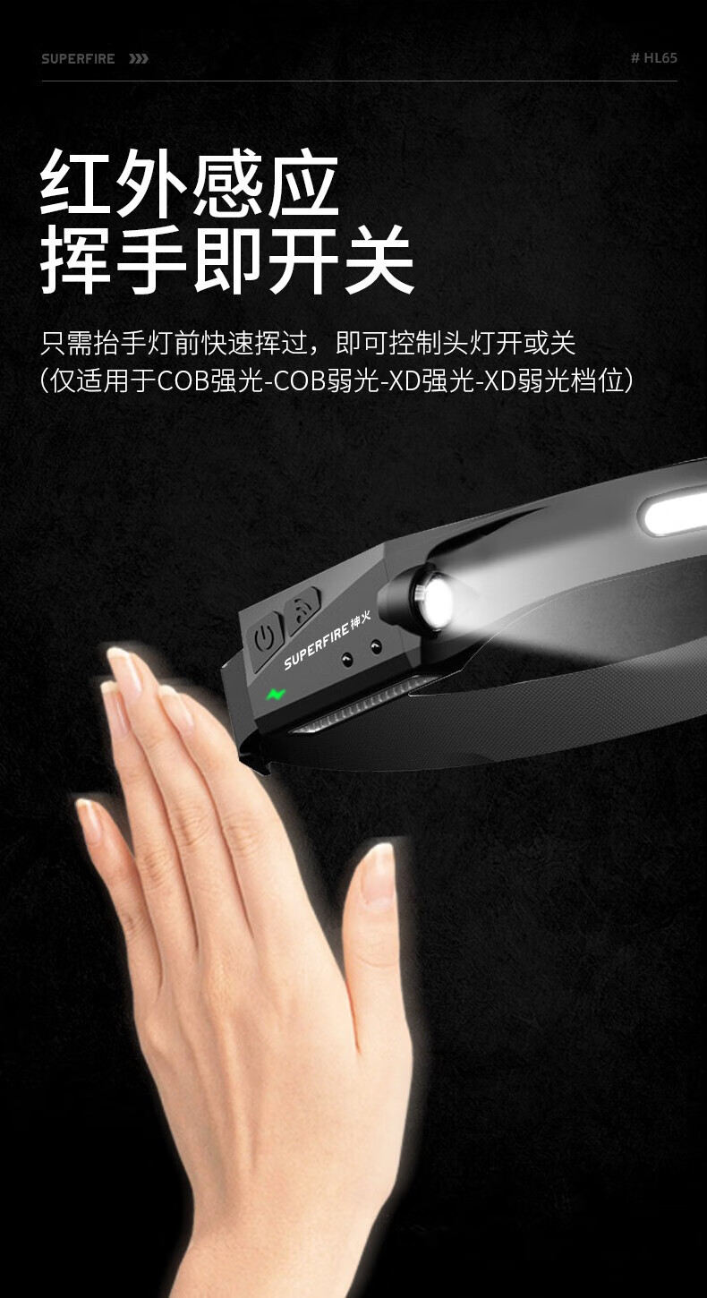 Superfire神火头灯强光充电超亮头戴式挥手感应夜钓赶海登山工作HL65
