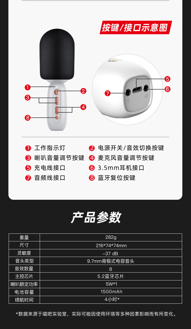 唱吧 K歌宝小唱C10 百灵鸟小巨蛋 无线蓝牙话筒音响一体麦克风 送礼家庭儿童K歌KTV电脑手机录音 小唱C10 白