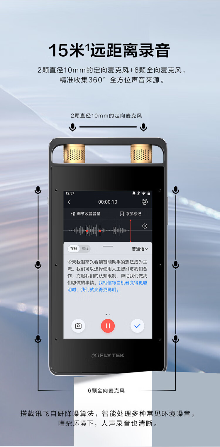 科大讯飞 AI智能录音笔 录音笔转文字 视频实时翻译 OCR识别 离线转写?32G+10G云储存 SR502 星空灰