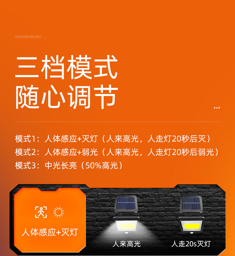 神火（SupFire）太阳能灯超亮led壁灯室外人体感应灯户外庭院灯家用分体式FF2-B