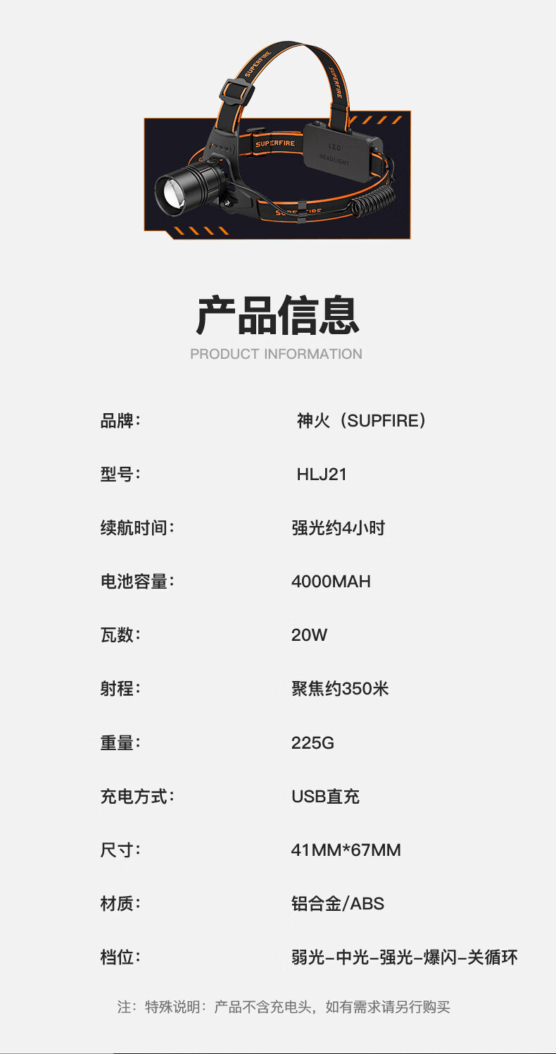 神火（SupFire）HLJ21头灯LED变焦头灯夜钓强光充电超亮头戴式远射长续航工作矿灯