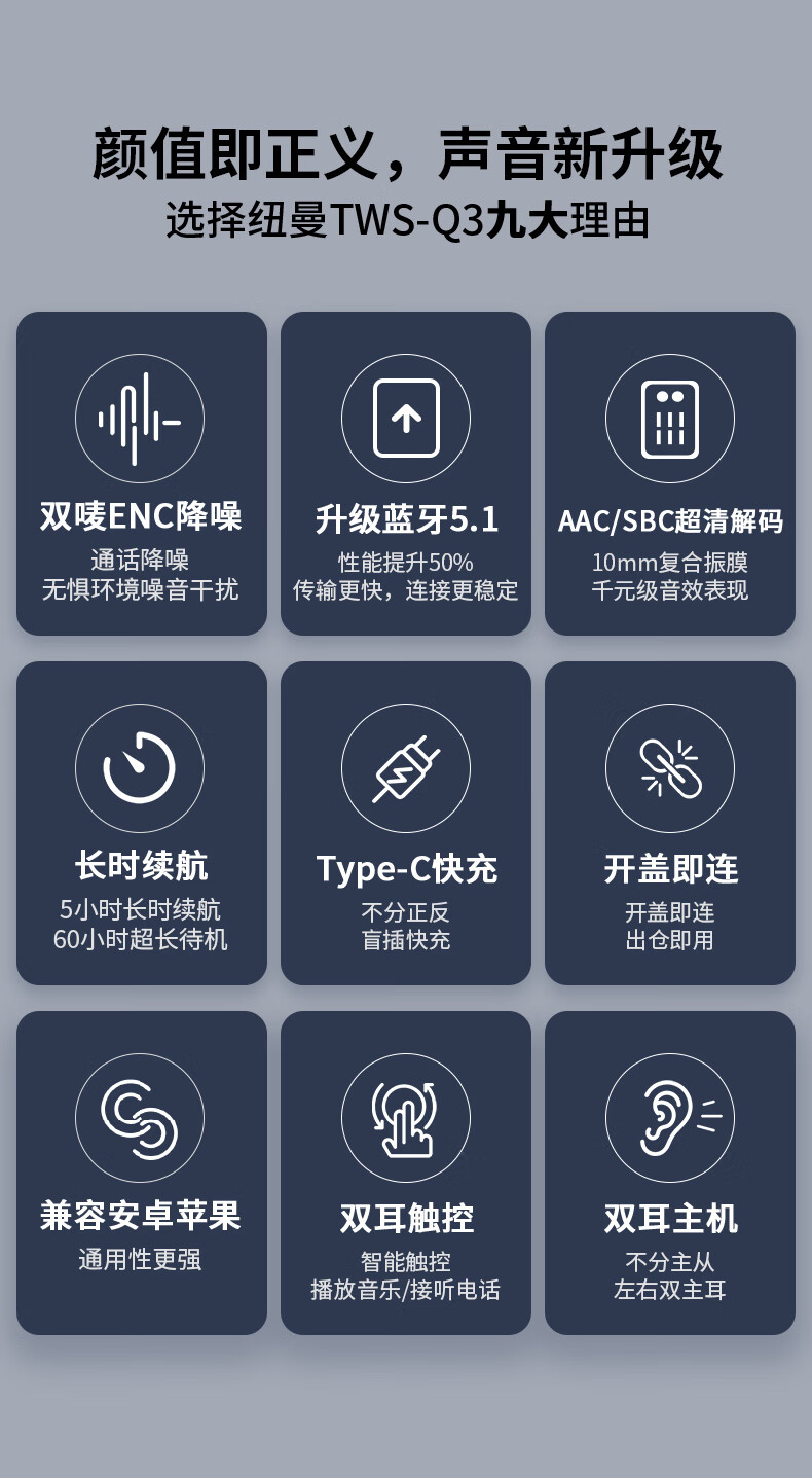 纽曼（Newsmy）蓝牙耳机 Q3 真无线半入耳式 运动跑步音乐耳机耳麦 ENC通话降噪 白色