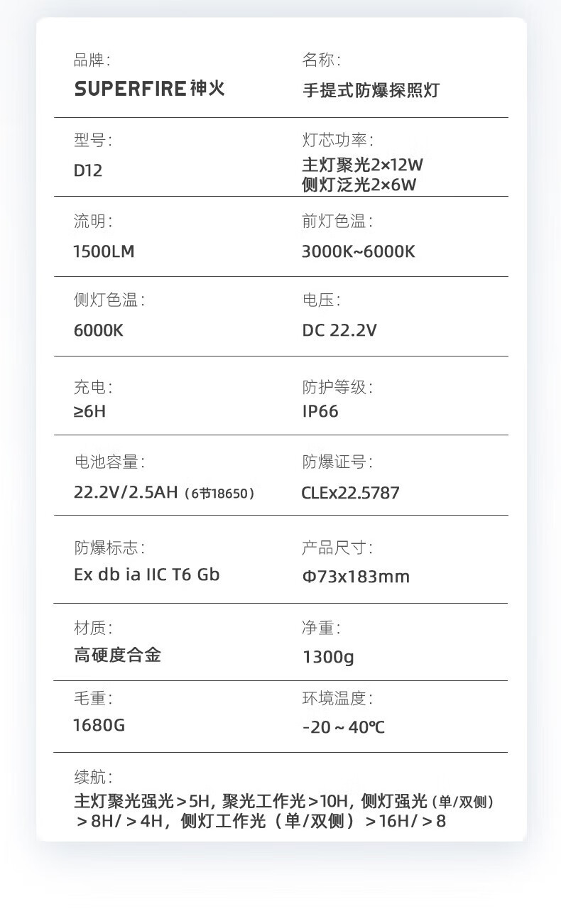 神火（SupFire）D12防爆手电筒强光充电远射超亮特大功率探照灯 D12防爆手电