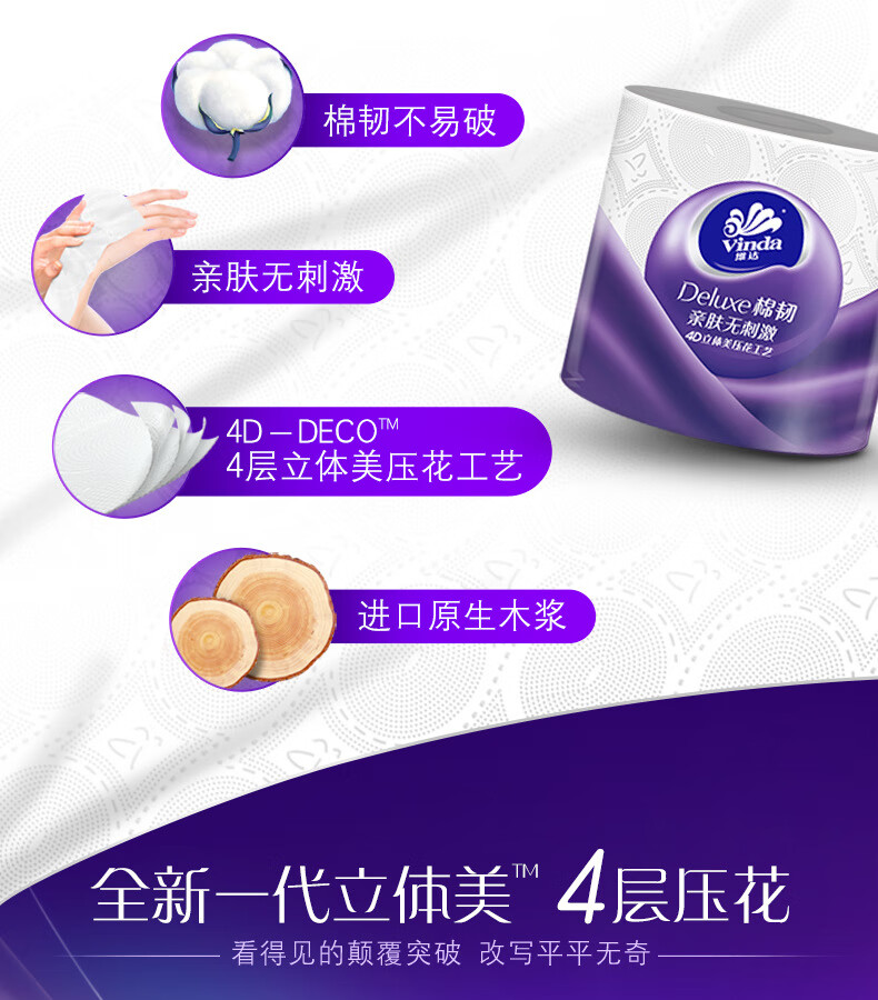 维达（Vinda）卫生卷纸 立体美空心卷纸 卫生纸四层 110g*12卷*2提 V4669