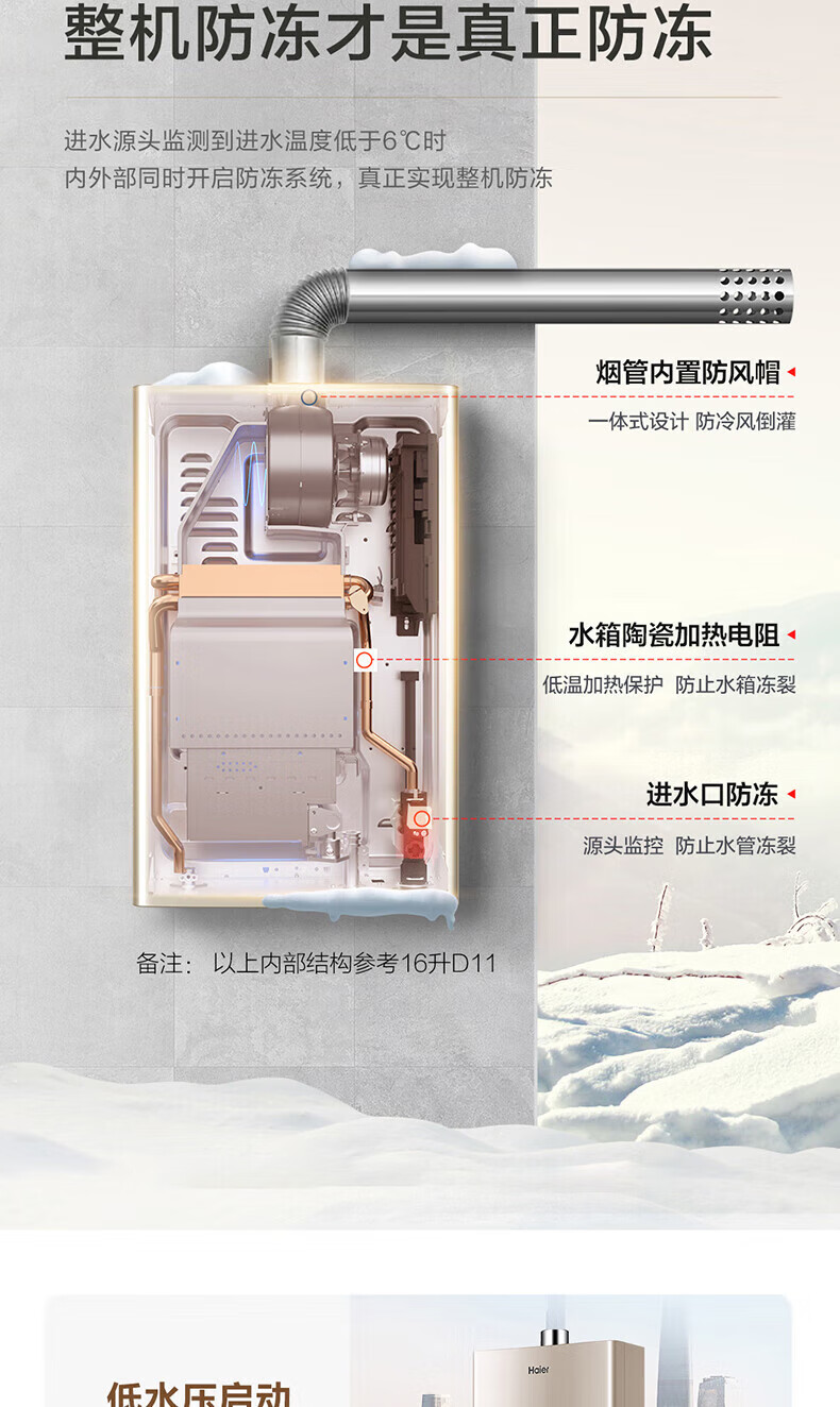 海尔（Haier）燃气热水器家用16升天然气热水器恒温强排即热式变频恒温节能JSQ30-16D11(12T)