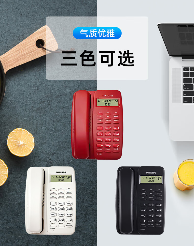 飞利浦（PHILIPS）电话机座机 固定电话 办公家用 免提通话 免电池 来电显示 TD-2808 (黑色)
