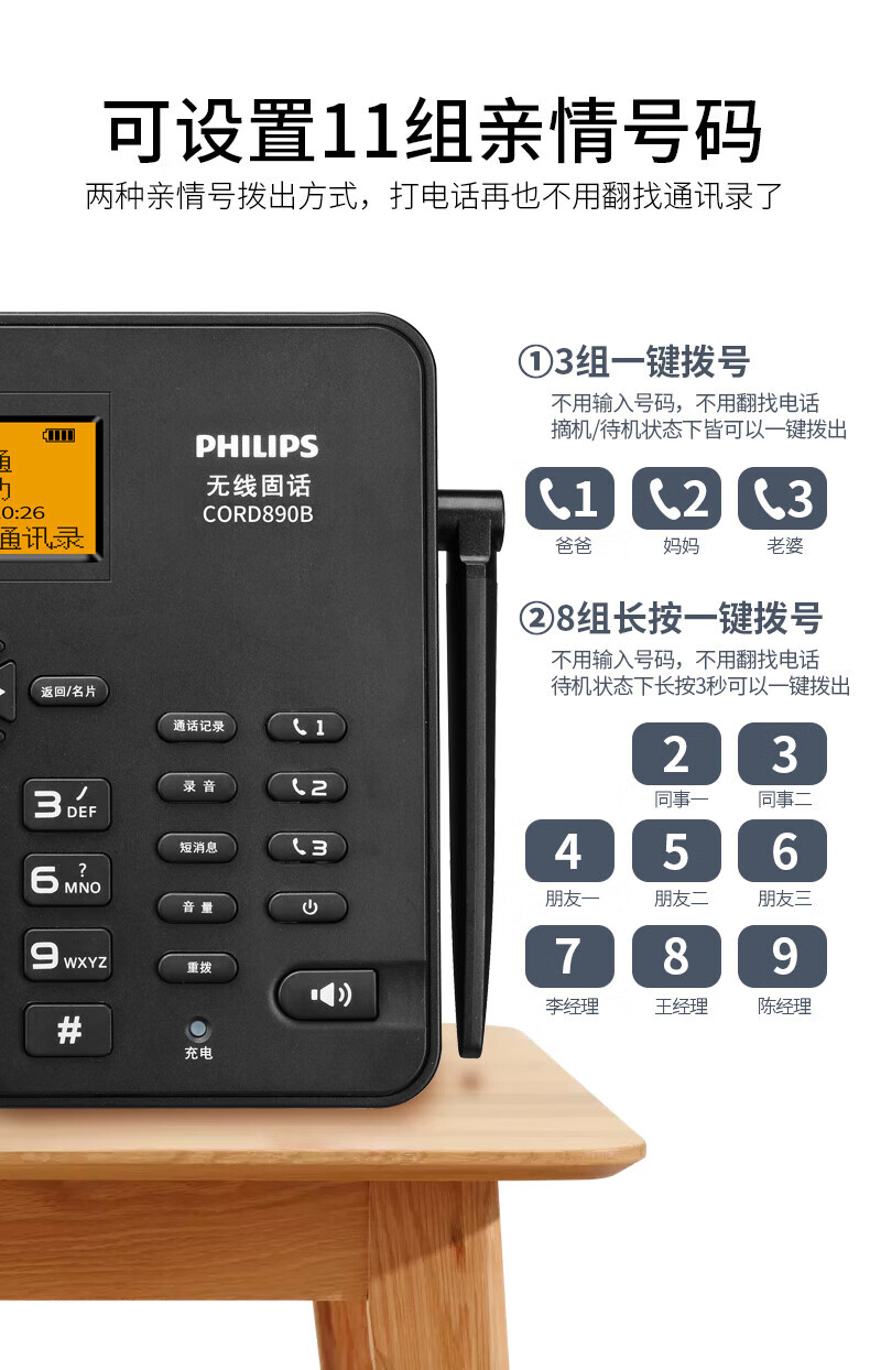 飞利浦(PHILIPS）无线插卡电话座机全网通4G可录音移动联通电信家用办公固话CORD890B 白色