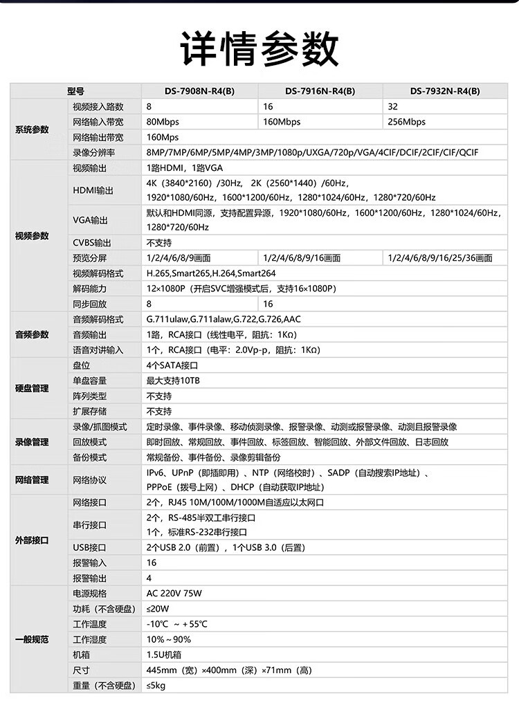 海康威视网络监控硬盘录像机8路4盘位4K高清NVR支持8T硬盘H.265解码DS-7908N-R4