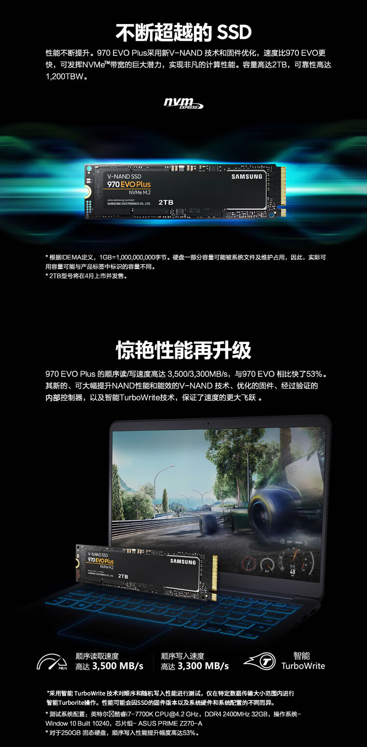 三星（SAMSUNG） 2TB SSD固态硬盘 M.2接口(NVMe协议) 970 EVO Plus（MZ-V7S2T0B）