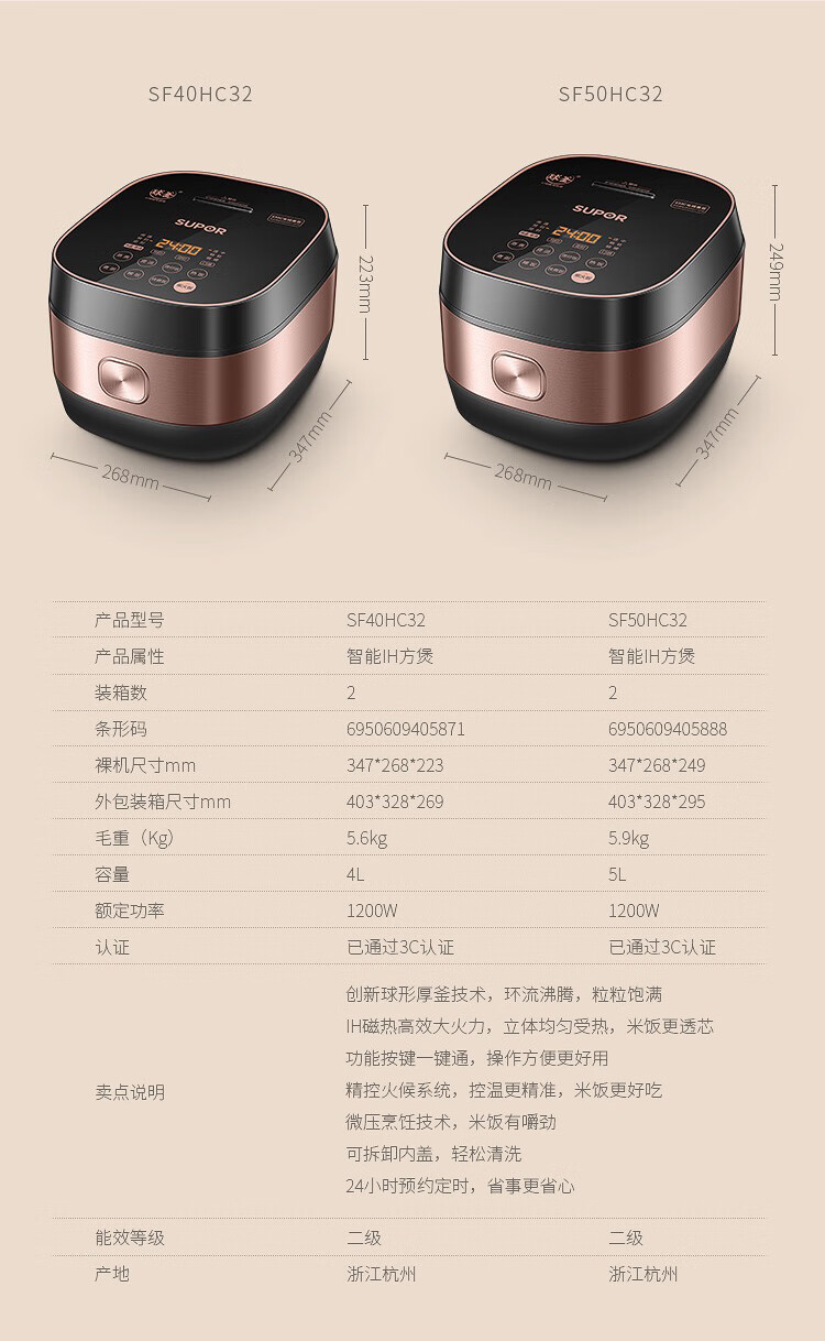 苏泊尔（SUPOR）电饭煲球釜内胆饭煲4L大容量预约功能IH电磁加热全屏触控一键操作 SF40HC32-120