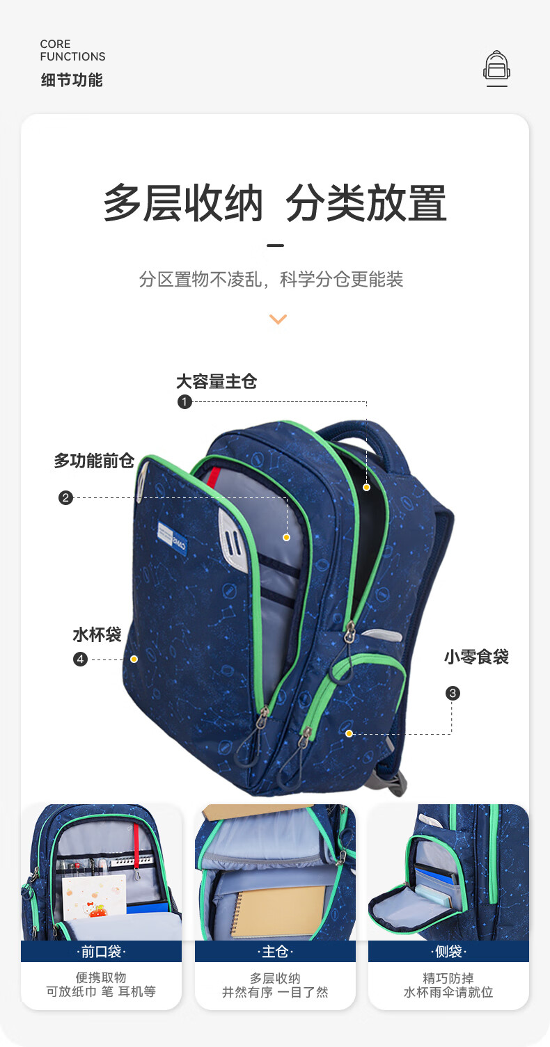 CAMS小学生书包一到四年级轻便儿童书包 星空宝蓝 S03210S