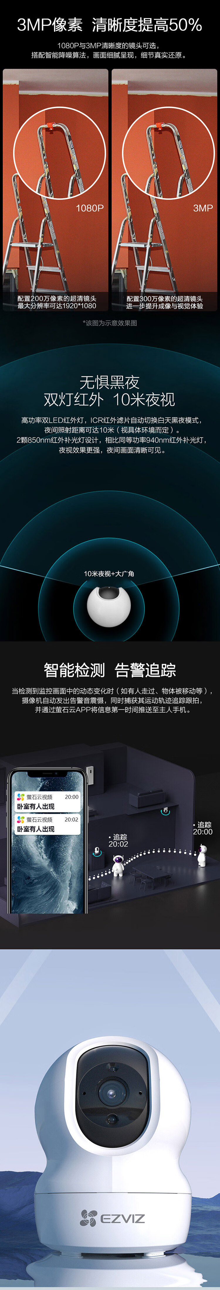 萤石 智能摄像头 云台智能摄像机 室内云台网络300万摄像机 CTQ6N