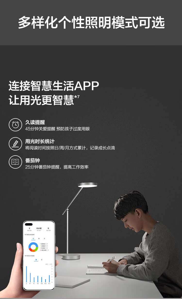华为 欧普智能读写台灯Pro 皓月银 国AA级防蓝光学生儿童学习读写LED智能开关远程控制