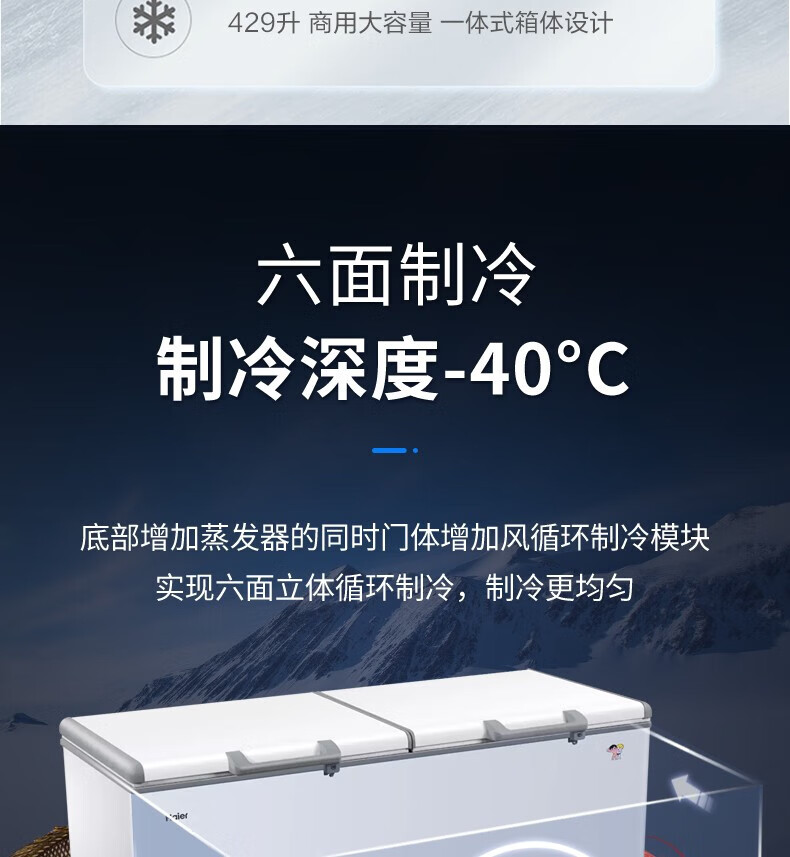 海尔（Haier）冰柜商用大容量429升 零下40℃超低温冷藏冷冻海鲜深冷冰箱 速冻无霜智能控温冷柜BC/BD-429HEM