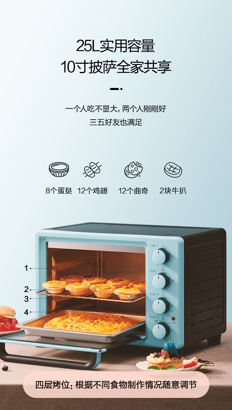 美的（Midea）电烤箱家用多功能电烤箱 25L 机械式操控 上下独立控温 PT2531（浅蓝）专业烘焙