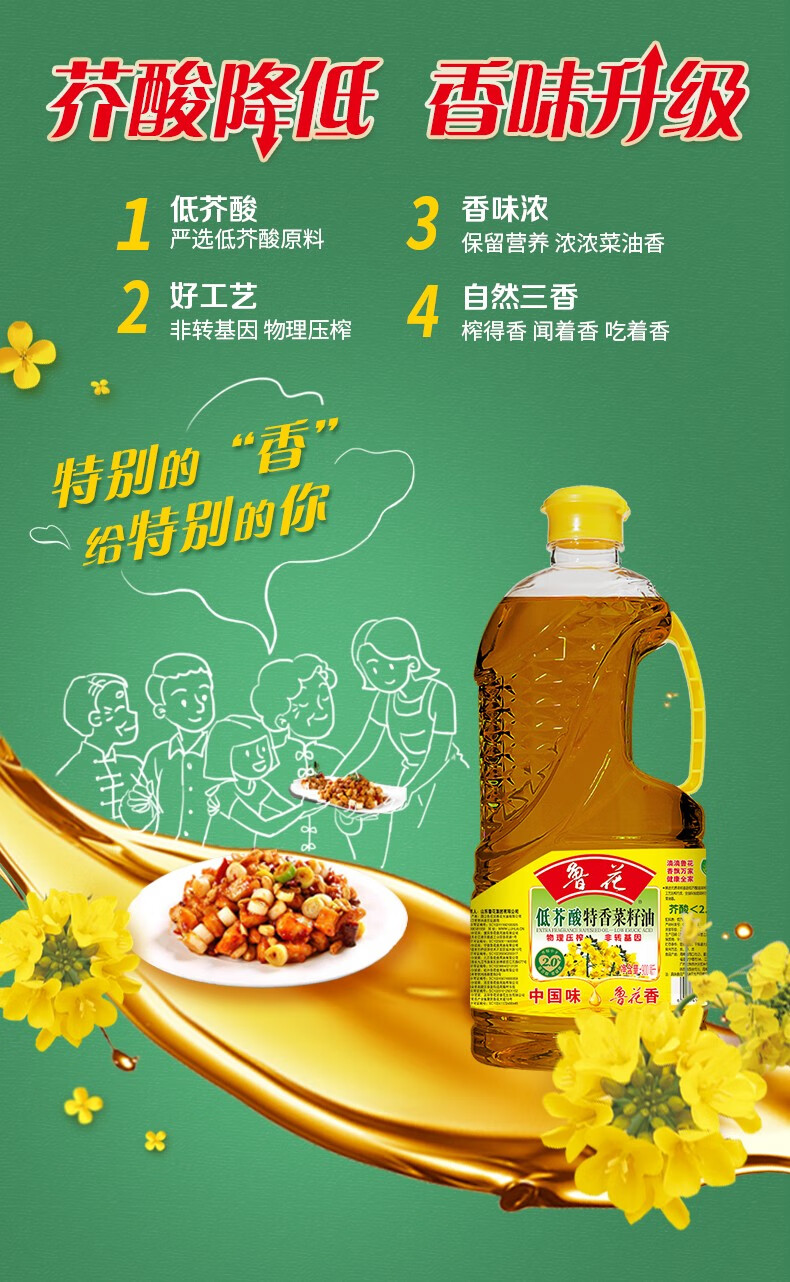 鲁花 粮油食用油 低芥酸特香菜籽油900ml*2