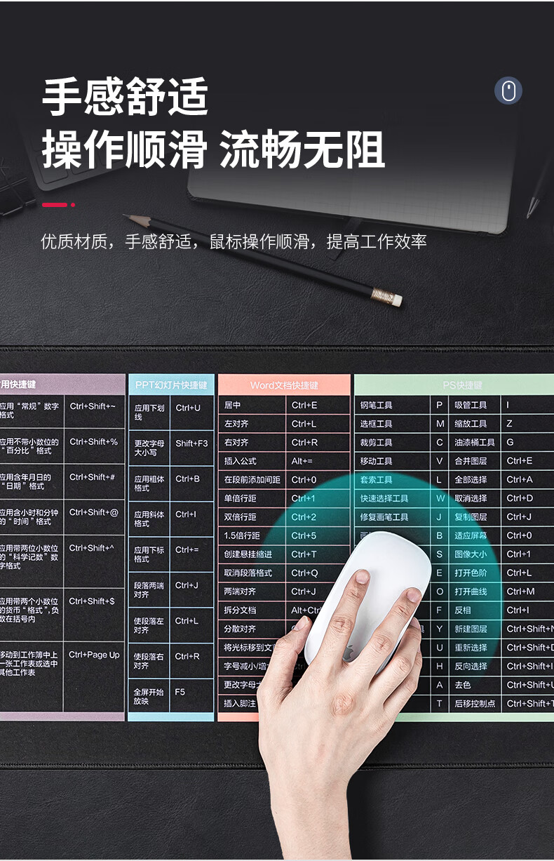 得力（deli）快捷键鼠标垫 800*300*3mm 快捷键大全大号鼠标垫 锁边加厚 83004 2块 办公用品
