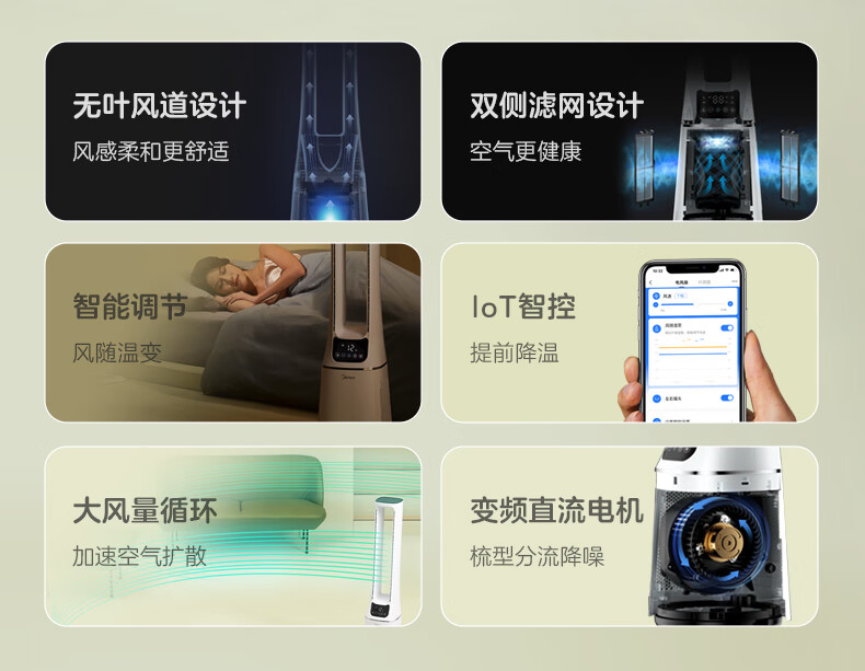Midea美的AMS150E-PB无叶电风扇家用12档柔风低噪智能空气净化风随温变定时母婴适用