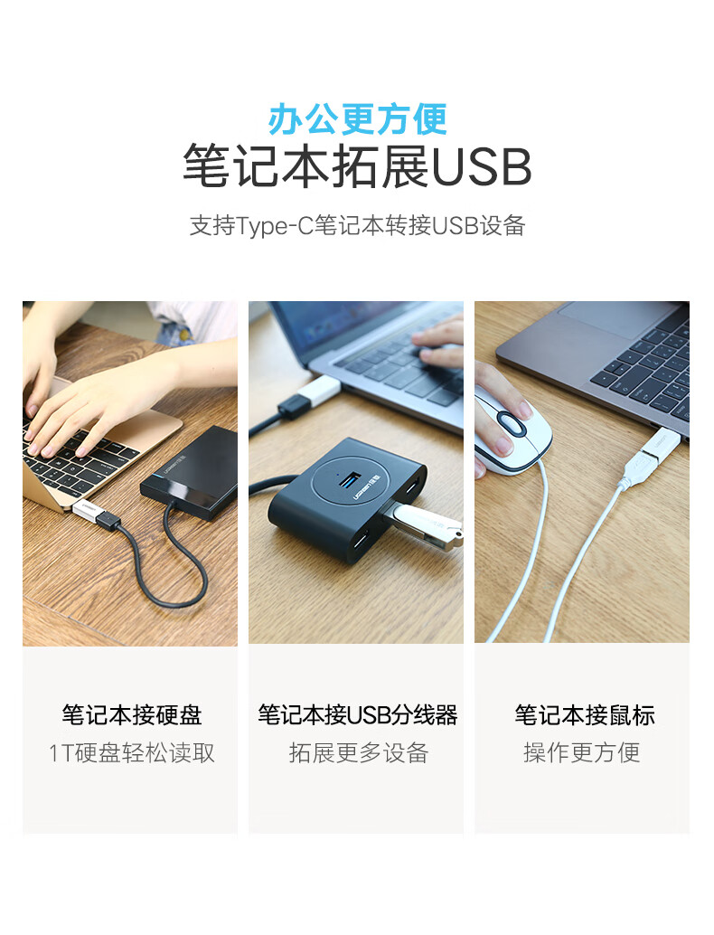 绿联（UGREEN）Type-C转USB3.0转换头 安卓OTG数据转接头 手机接U盘 白色 黑色(20808)