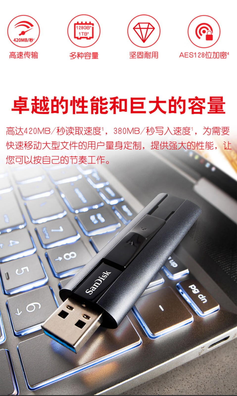 闪迪（SanDisk）固态级U盘 套装 CZ880闪存盘商务办公加密 至尊超极速 128G 读速420M/S 写入380M/S
