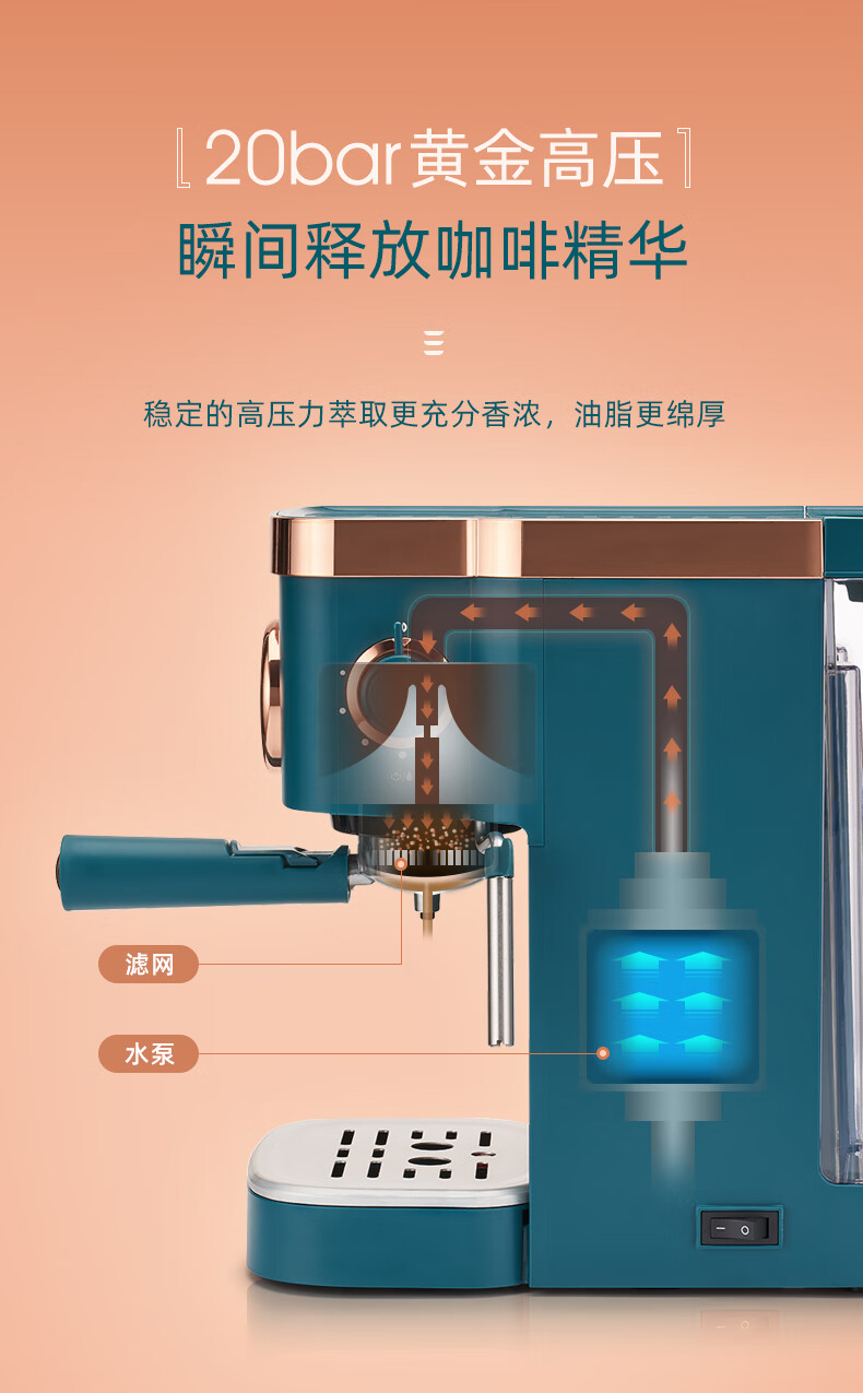DonLim咖啡机 意式浓缩 家用半自动 20bar高压萃取 温度可视 蒸汽打奶泡 DL-KF5400