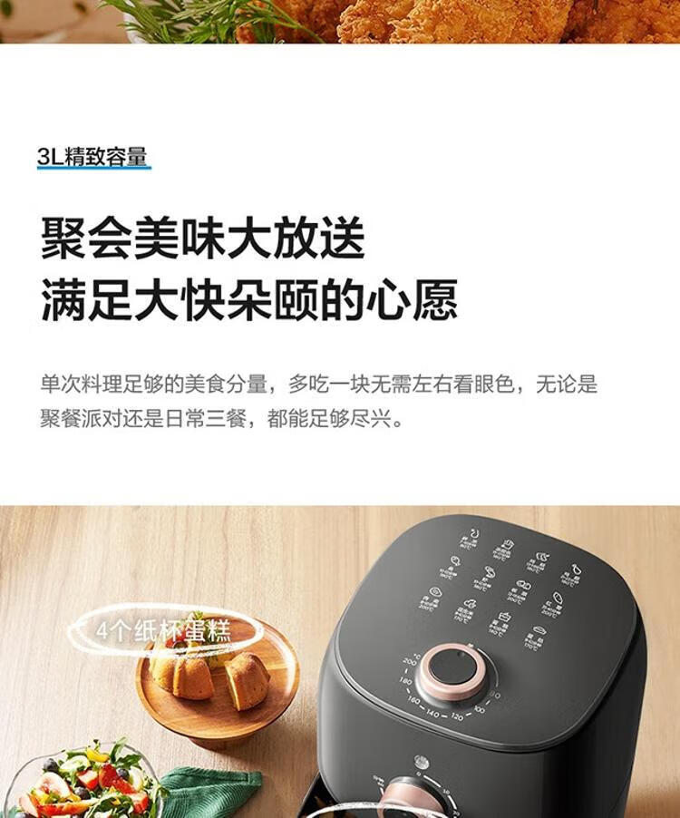 Midea美的KZE3003TQ空气炸锅3L多功能家用 精准控温双旋钮控制 无油空气炸锅