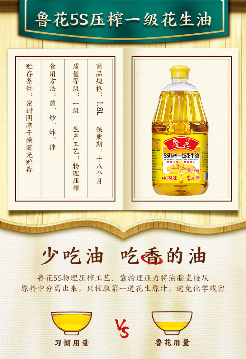鲁花 食用油 炒菜烹饪油 5S压榨一级花生油1.8L