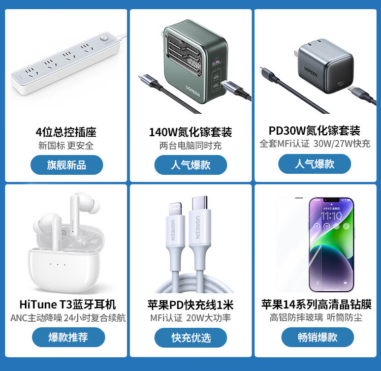 绿联（UGREEN）MFi认证苹果充电器iPhone14promax氮化镓线充套装30W快充头兼容PD20/27W