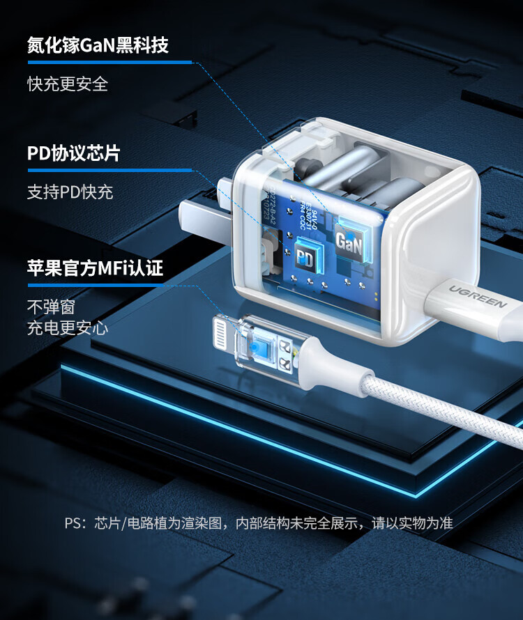 绿联（UGREEN）MFi认证苹果充电器iPhone14promax氮化镓线充套装30W快充头兼容PD20/27W