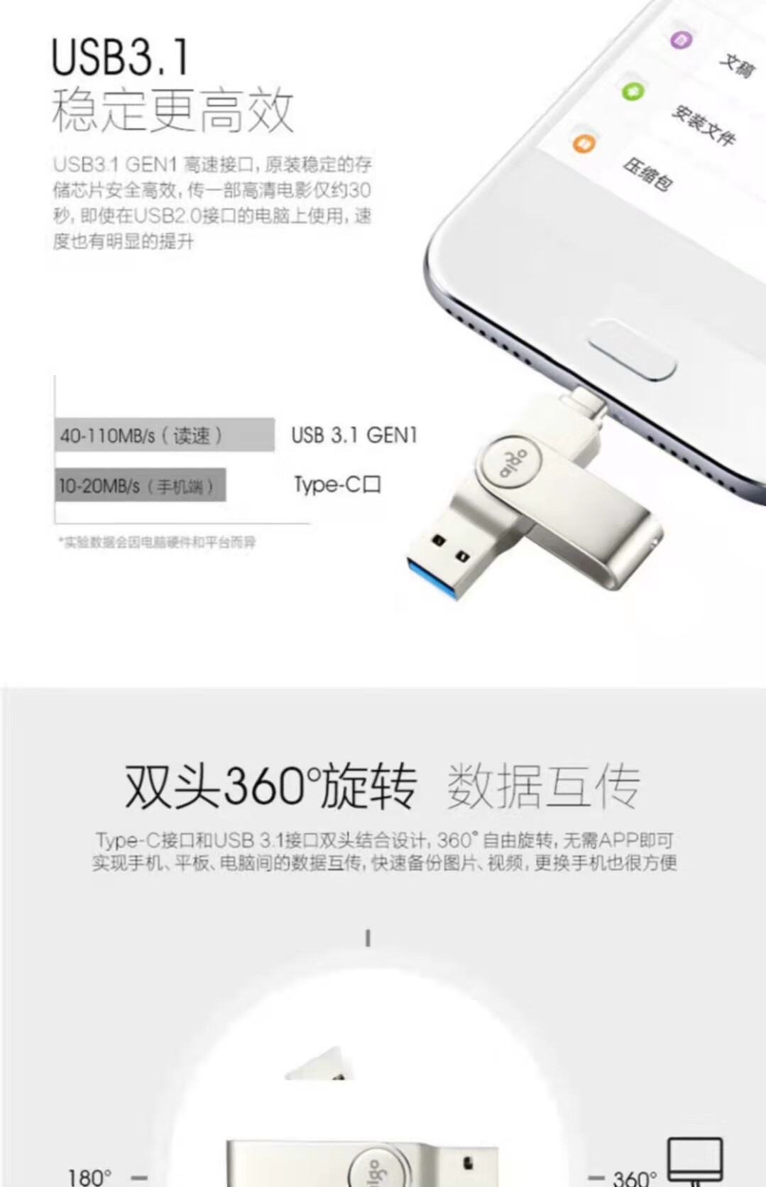 aigo 爱国者 U盘 U356 64GB 银色 USB3.2 金属U盘 车载U盘 一体封装