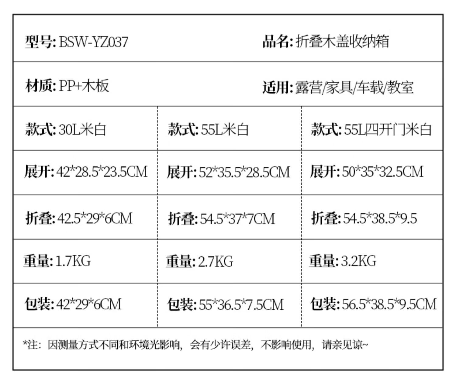 北山狼（BSWolf）收纳箱户外露营可折叠便携野营车储物箱带木盖 30L中号米白