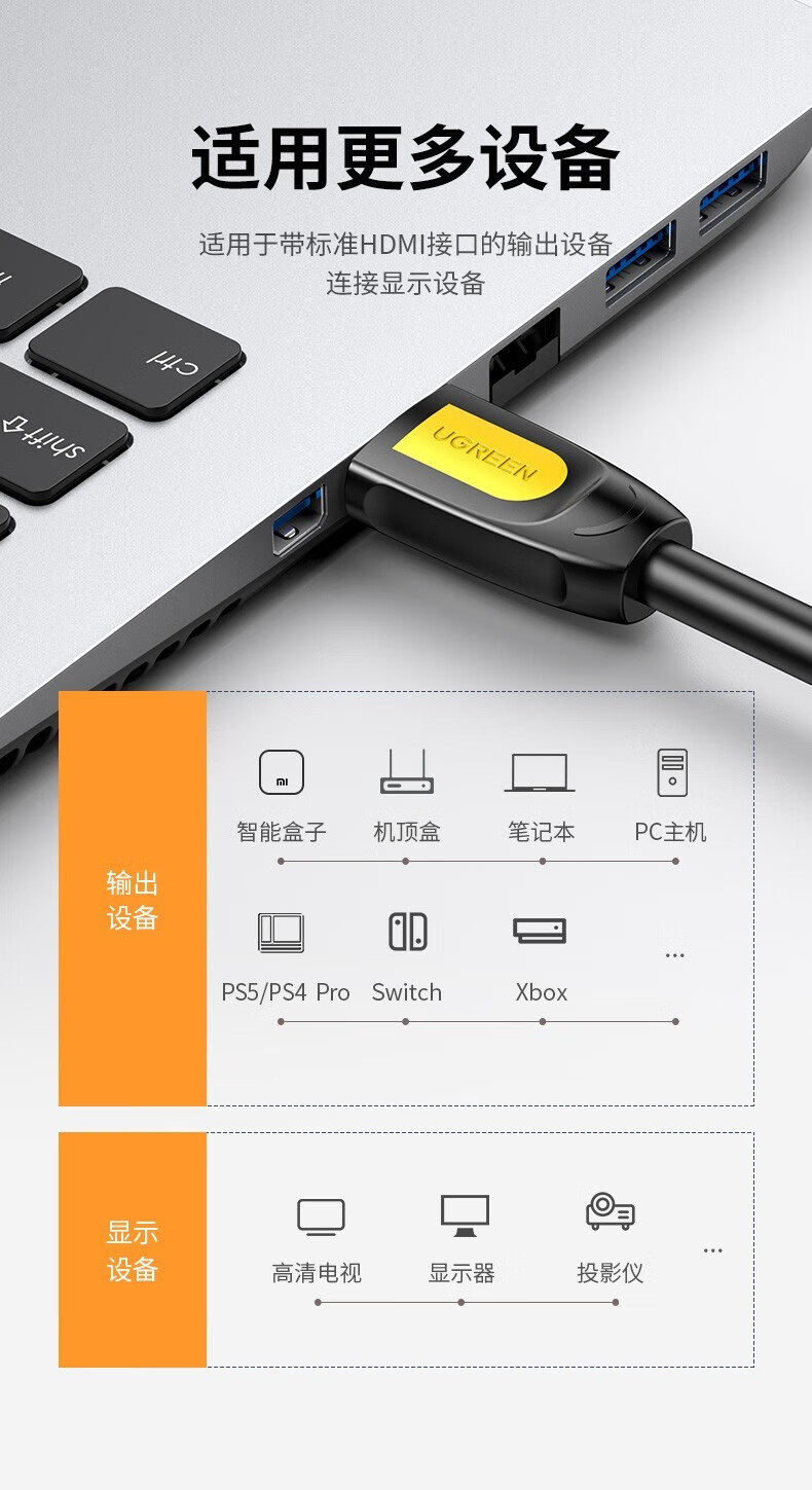绿联（UGREEN）HD101 HDMI线 长线工程级 4K数字高清线3D视频线 绿黑头 圆线 8米40465