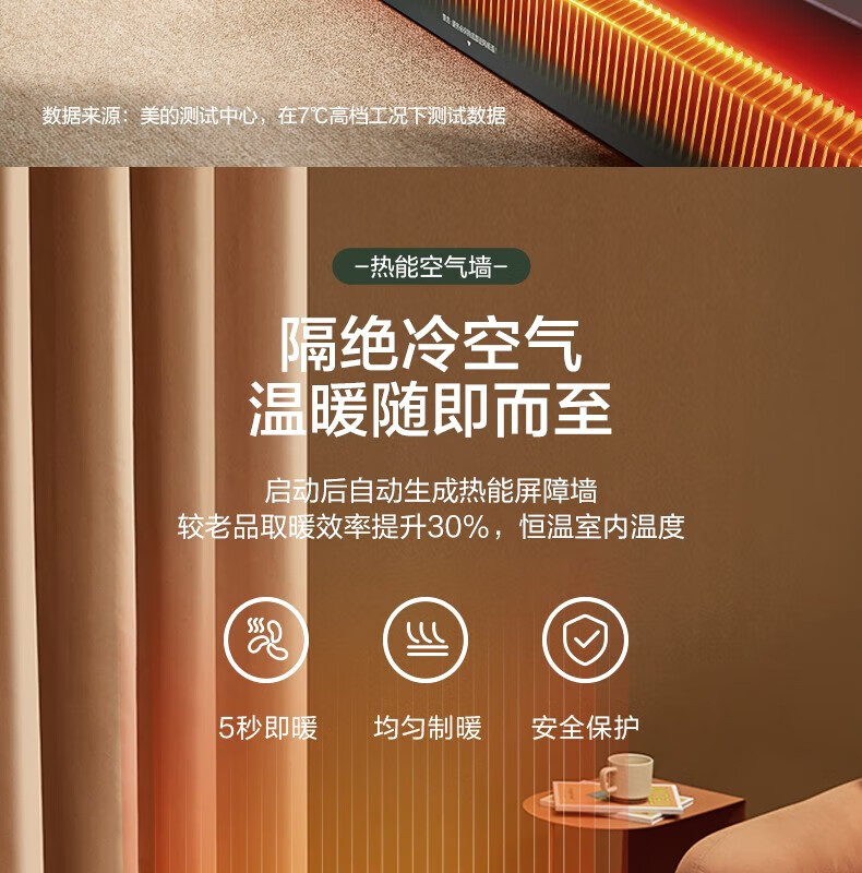Midea美的踢脚线取暖器 家用电暖器 4级防水暖气片 2200W速热移动地暖客厅卧室 倾倒断电HDX22KGN