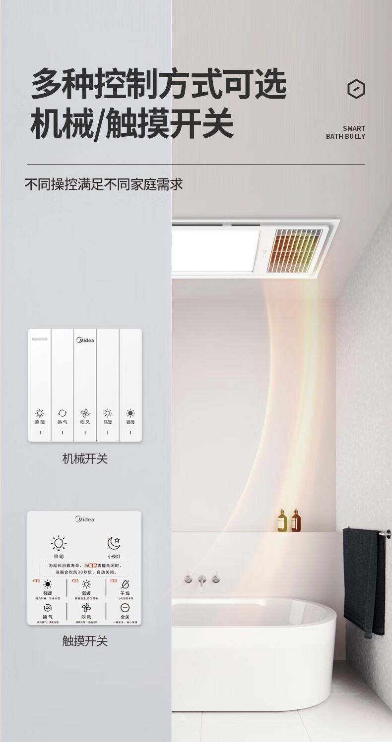 Midea美的风暖浴霸灯集成吊顶灯暖风机卫生间排气扇照明一体浴室取暖 MJ1924-S24机械款