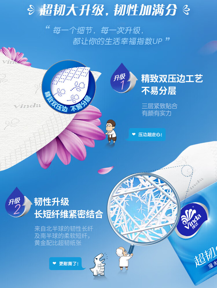 维达（Vinda） 超韧抽纸3层130抽 S码餐巾纸 卫生纸巾 蓝色 24包/箱 V2239-B