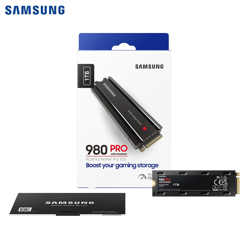 三星（SAMSUNG）1TB SSD固态硬盘 M.2接口(NVMe协议PCIe 4.0 x4) 980 PRO With Heatsink(散热片版)