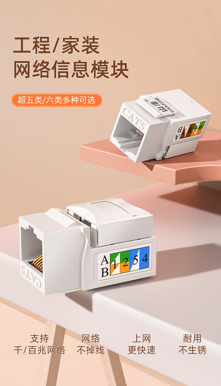 山泽(SAMZHE) 超五类网络模块 CAT5e网线插座面板模块 RJ45水晶头母座网线连接头 工程级镀金版 WAN-05